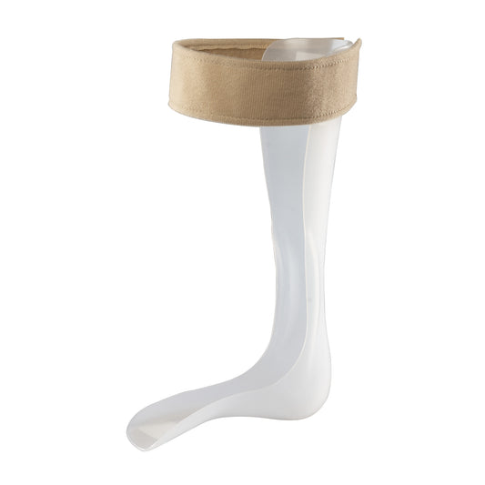 AliMed Type 670 General Purpose/CVA Training Brace, featuring a clear plastic foot and ankle support with a beige strap at the top.