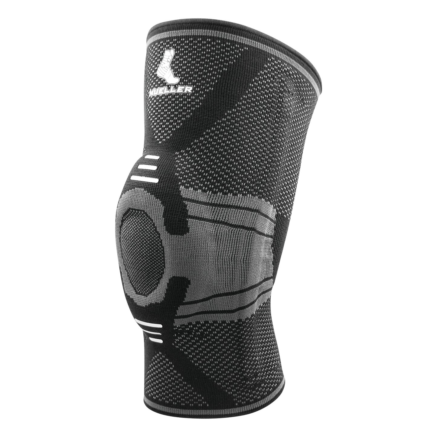 The Mueller Omniforce Knee Stabilizer, made of black and gray stretchable fabric, features a circular pattern around the kneecap area.