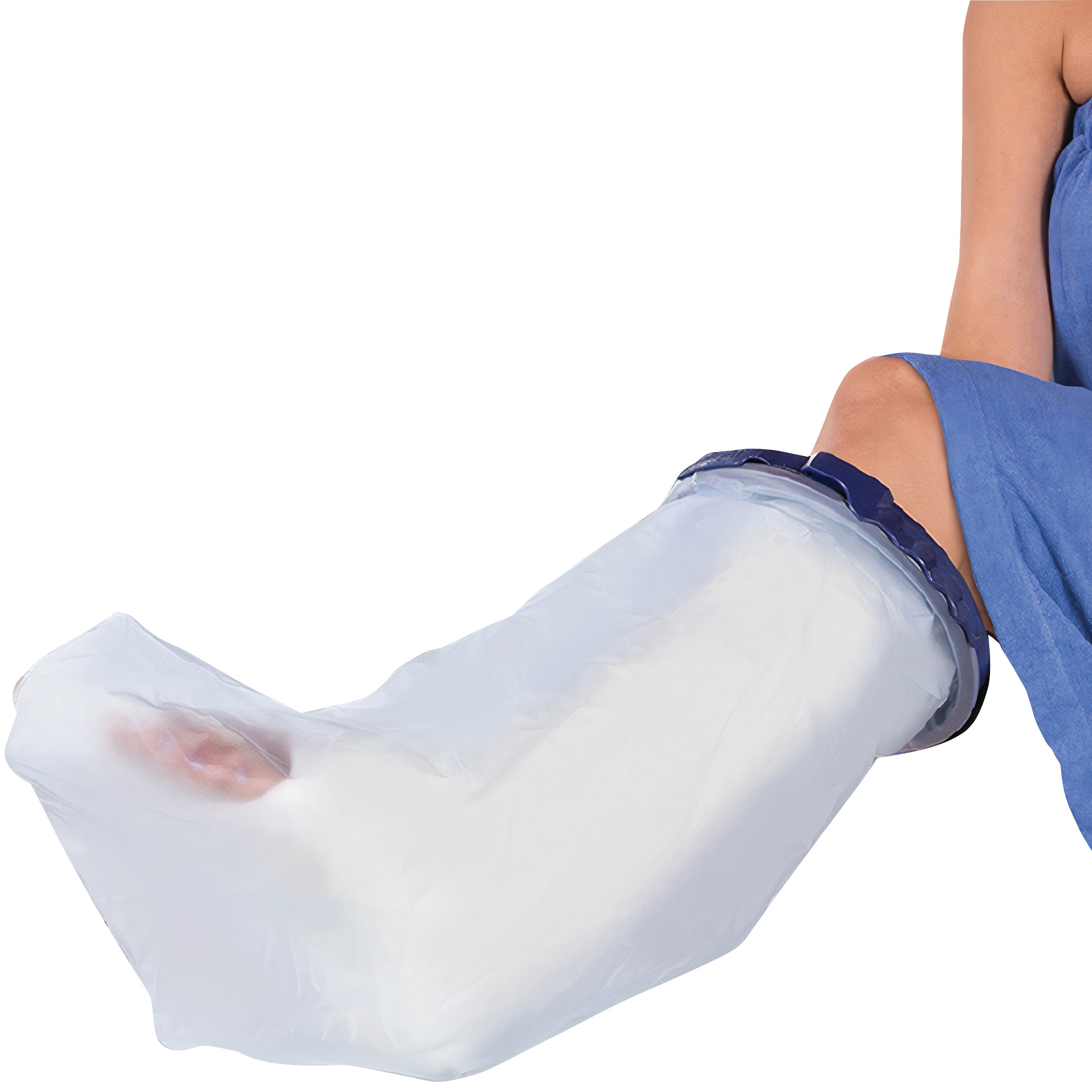 A person's leg in a plaster cast is covered by a clear Brownmed SEAL-TIGHT Infinity Cast Protector to keep it dry.