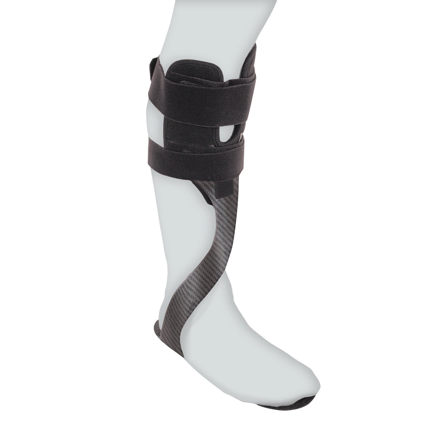 An AliMed Carbon Fiber Anterior Lateral Strut with Tibial Relief is fitted on a leg with two black straps securing it.