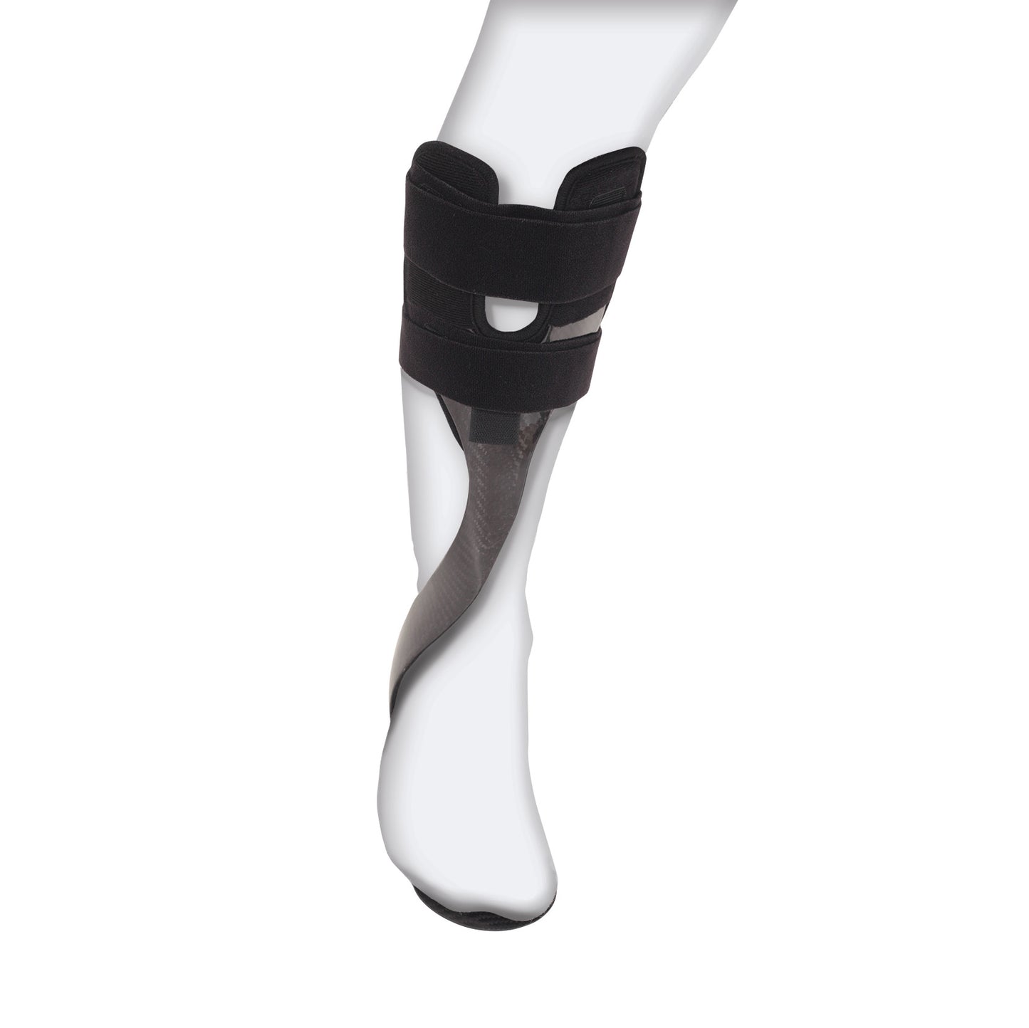 A leg wearing the AliMed Carbon Fiber Anterior Lateral Strut with Tibial Relief, featuring black straps around the calf and ankle.
