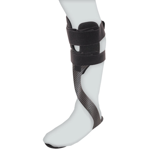 A mannequin leg wears the AliMed Carbon Fiber Anterior Lateral Strut with Tibial Relief, secured with two adjustable straps.