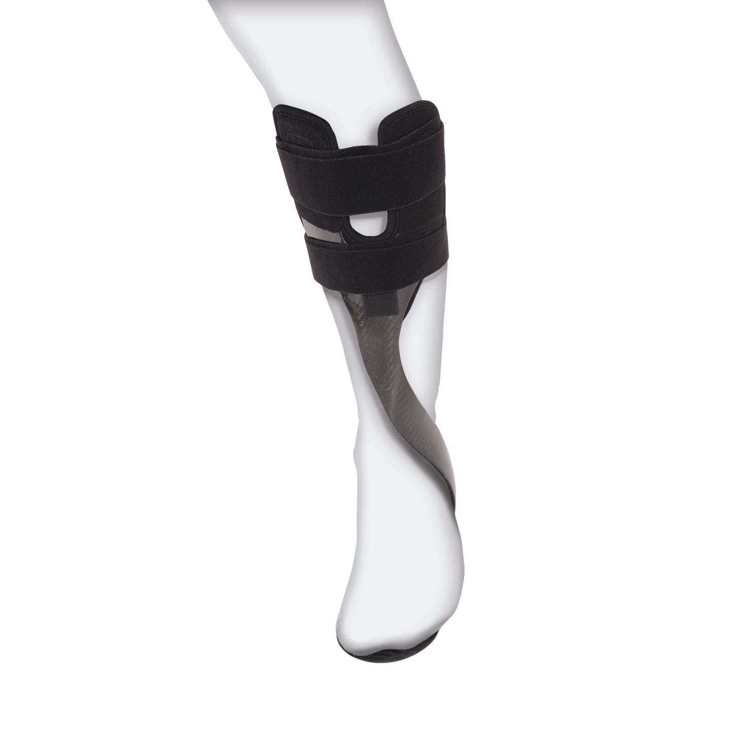 A leg wearing the AliMed Carbon Fiber Anterior Lateral Strut with Tibial Relief, featuring black straps and a streamlined design.