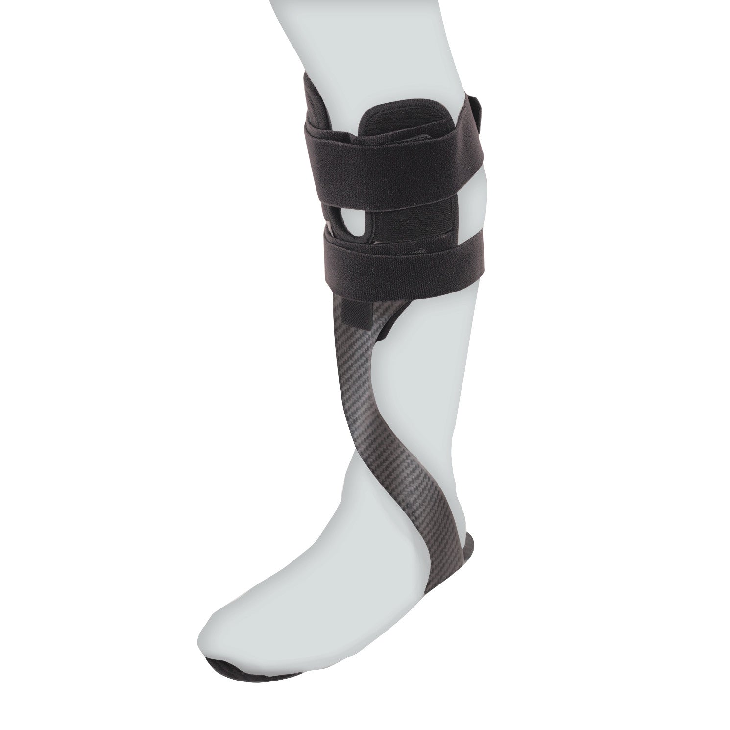A leg wearing the AliMed Carbon Fiber Anterior Lateral Strut with Tibial Relief, featuring black straps and a carbon fiber design.