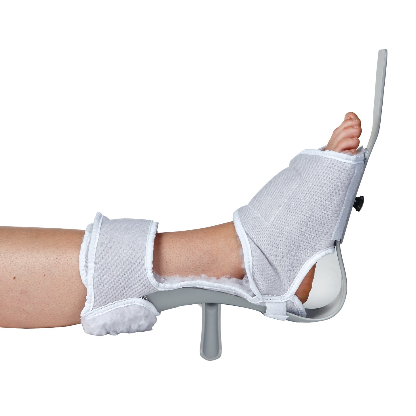 A leg wearing the AliMed MultiBoot Standard Contracture Boot, designed to support and stabilize the foot and prevent contractures.