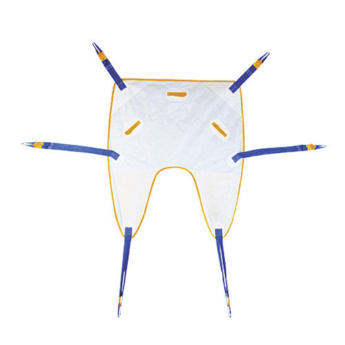 The Bestcare BestSling Disposable Universal Patient Sling is white with blue straps and orange trim, designed to lift and support patients.