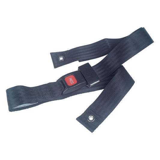Drive Medical Wheelchair Seatbelt, black with a metal buckle and a "PRESS" button, features grommeted ends for secure attachment.