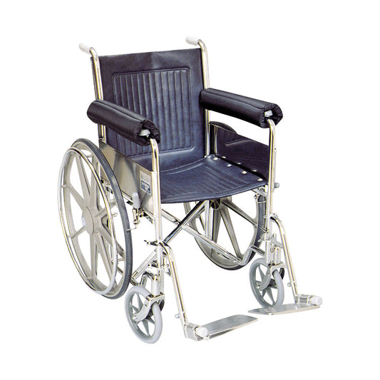 A standard wheelchair with SkiL-Care Wheelchair Armrest Cushion, featuring large rear wheels and footrests, set against a white background.