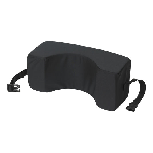 SkiL-Care Reclining Wheelchair Headrest, black, features a contoured shape with straps for securing to a wheelchair.