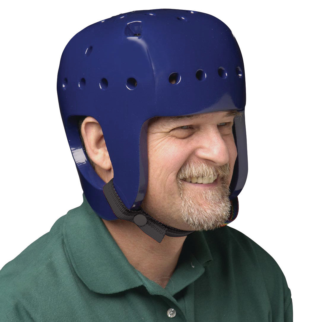 A man wears a Danmar Products Full-Coverage Helmet, navy with ventilation holes and a chin strap.