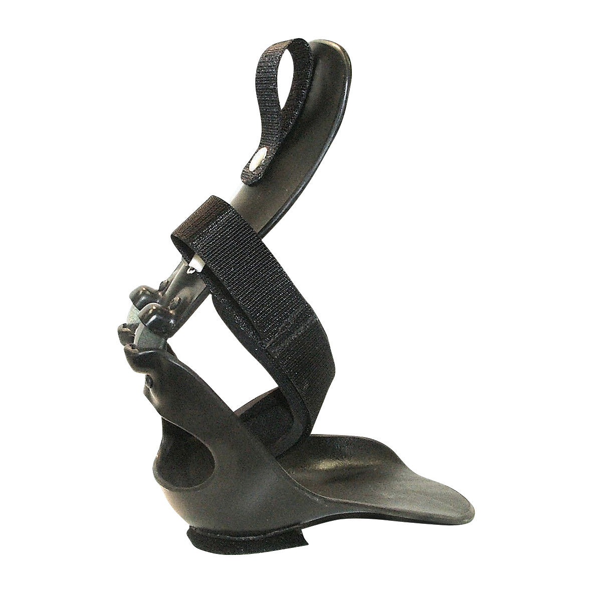 The Step-Smart Brace is a black orthopedic device with adjustable straps, designed to support and stabilize the ankle and foot.