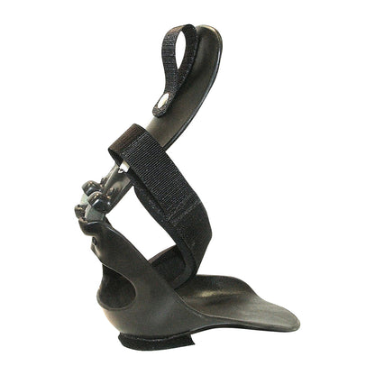 The Step-Smart Brace is a black orthopedic device with adjustable straps, designed to support and stabilize the ankle and foot.