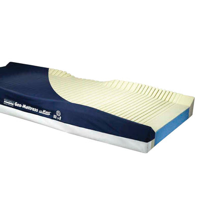 Geo-Mattress with Wings is shown, featuring a blue and cream design with a contoured surface for body support.