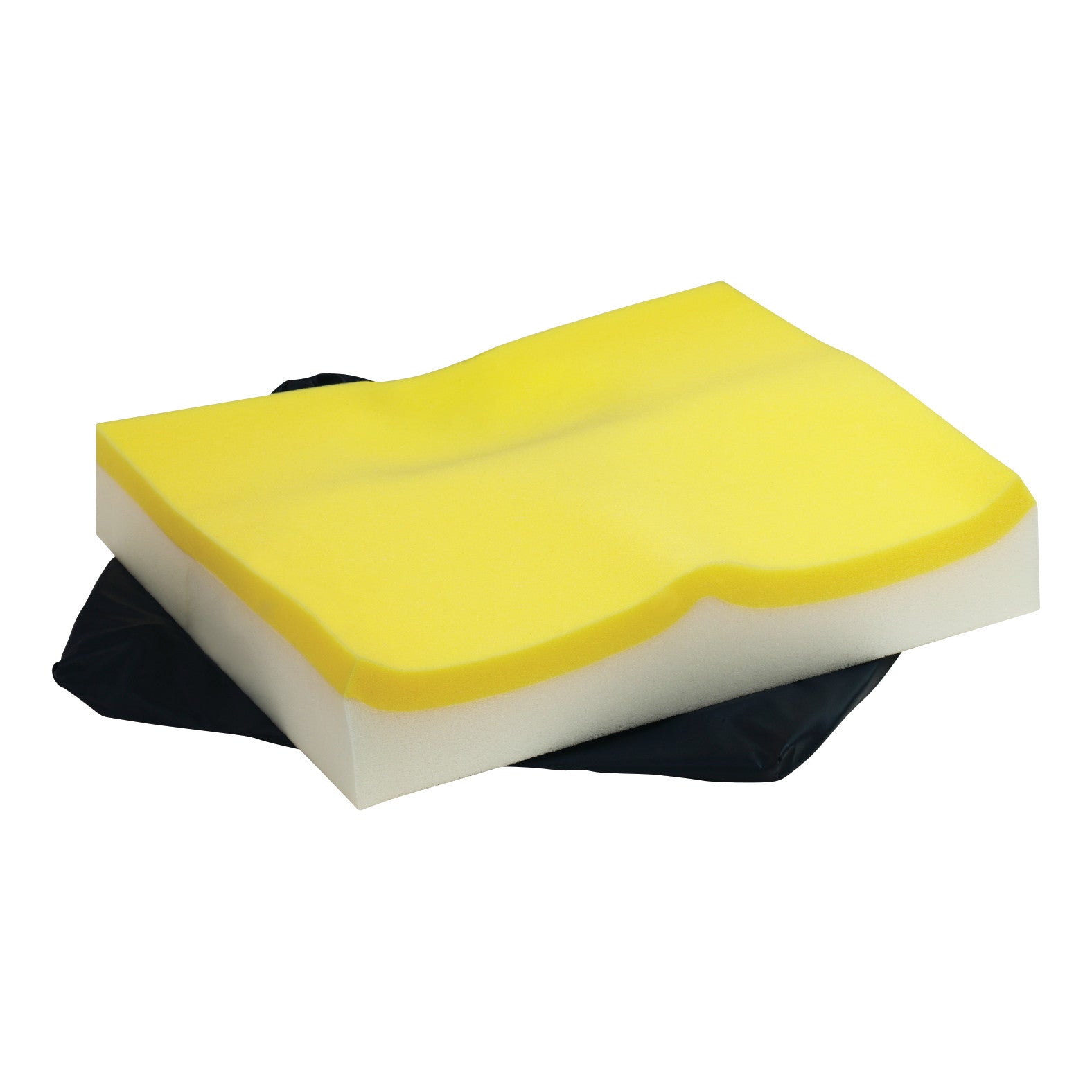 E-Z Dish Wheelchair Cushion with a yellow contoured top layer on a white base, partially placed over a black cover.