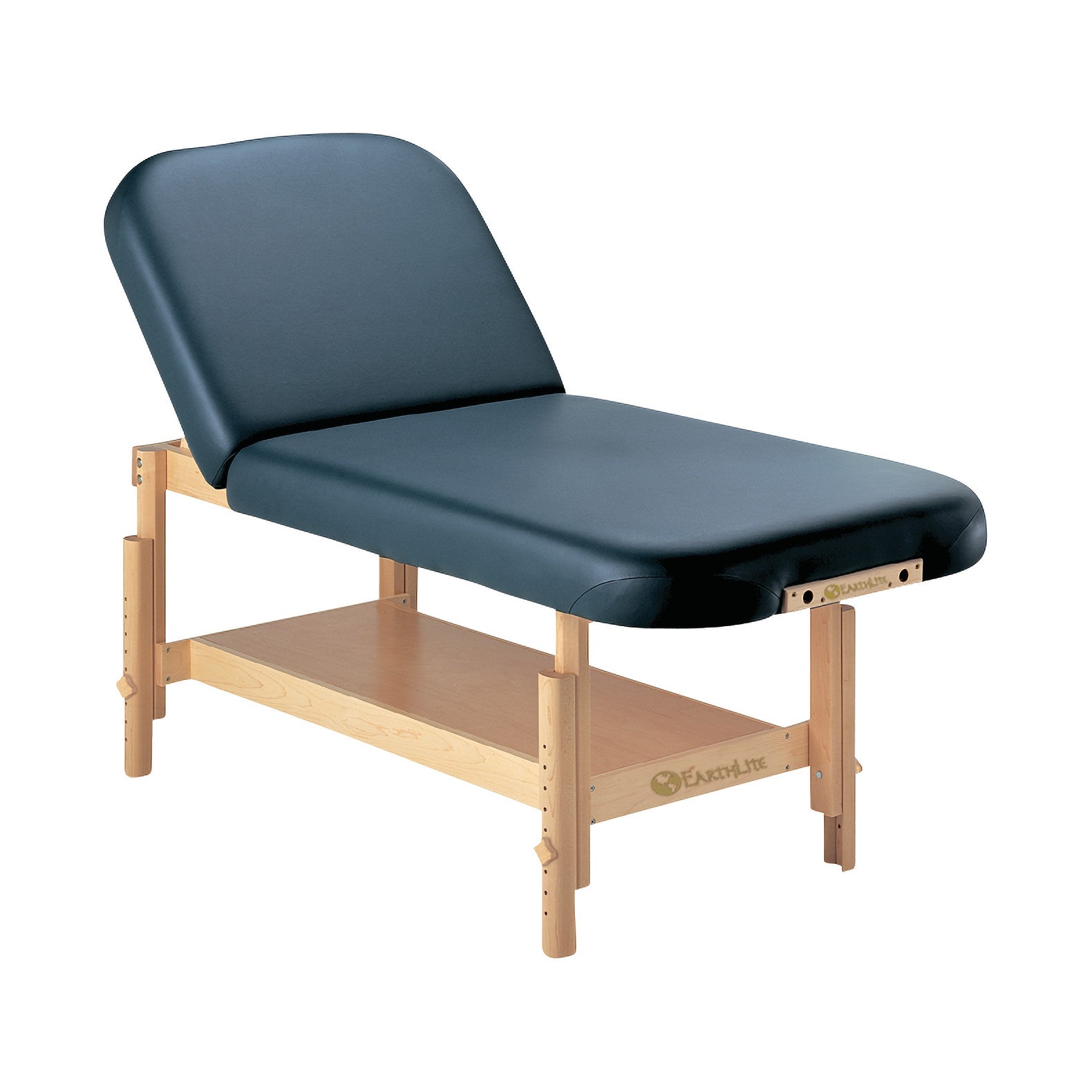The EarthLite Sedona Tilt Stationary Massage Table features an adjustable backrest, wooden frame, and lower storage shelf.