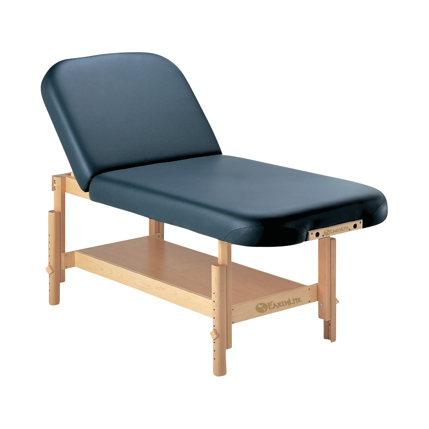 The EarthLite Sedona Tilt Stationary Massage Table features an adjustable backrest, wooden frame, and lower storage shelf.