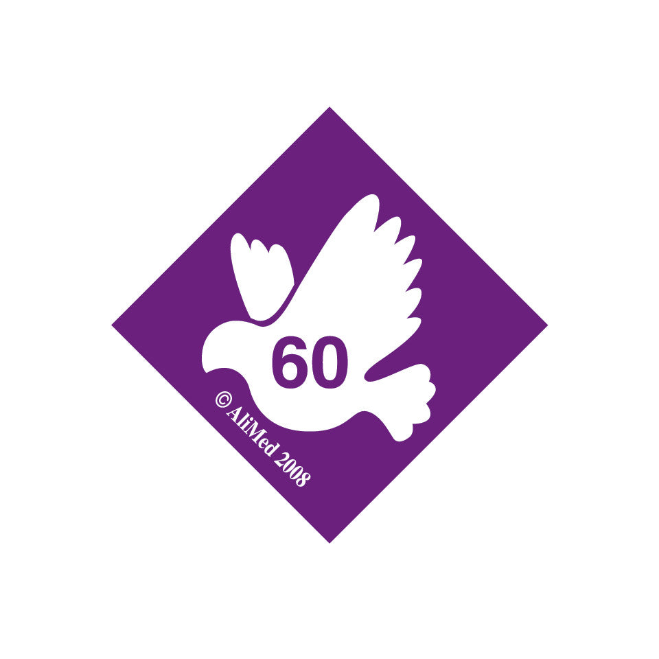 A purple and white diamond-shaped label features a dove with the number 60, associated with AliMed Standardized Equipment Weight Capacity Label.