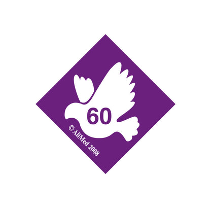 A purple and white diamond-shaped label features a dove with the number 60, associated with AliMed Standardized Equipment Weight Capacity Label.