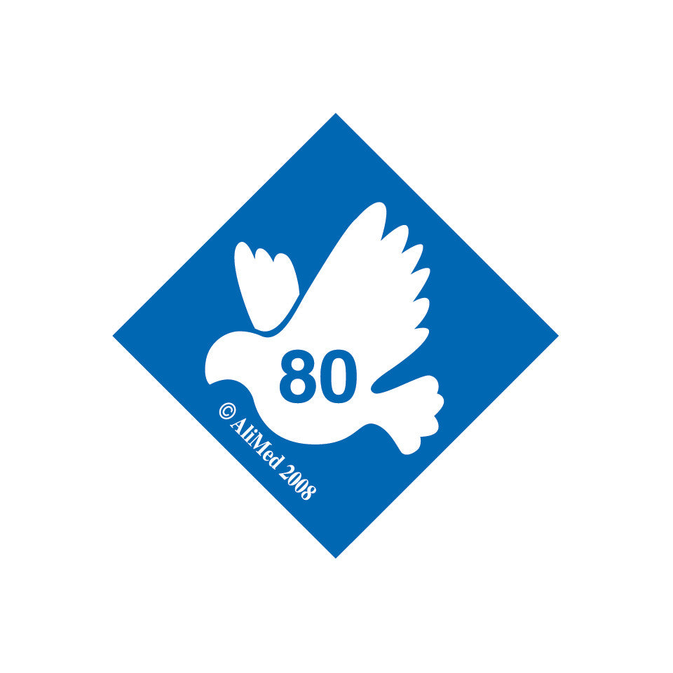 A blue diamond-shaped AliMed Standardized Equipment Weight Capacity Label features a white dove with the number 80 on its body.