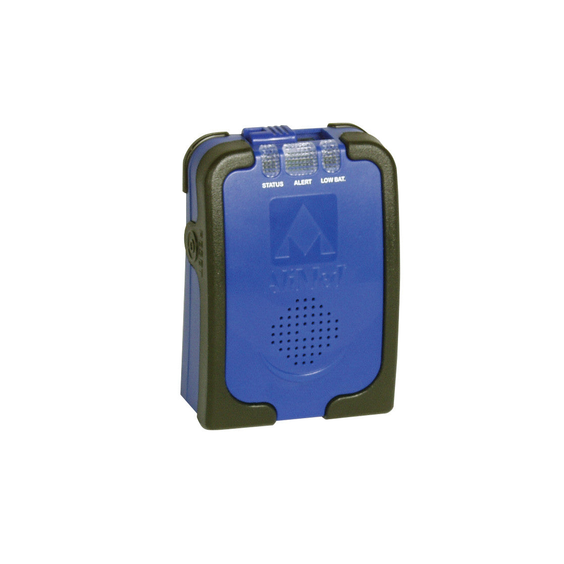 The AliMed IQ Sensor Alarm is a blue and black device with LED indicators for status, alert, and low battery, featuring a speaker grille.