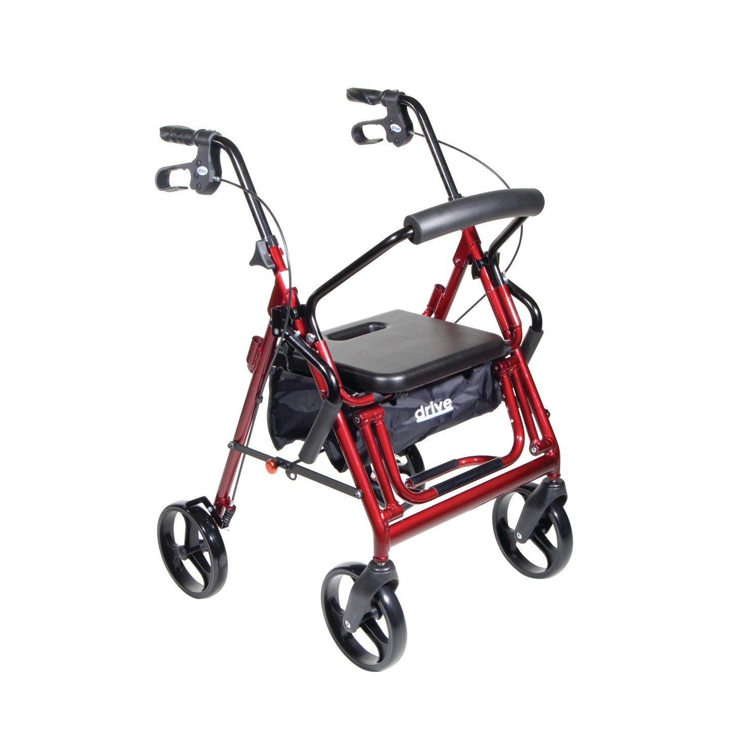 Drive Medical The Duet Transport Chair and Rollator, in red, features a padded seat, handlebars, brakes, and four wheels.