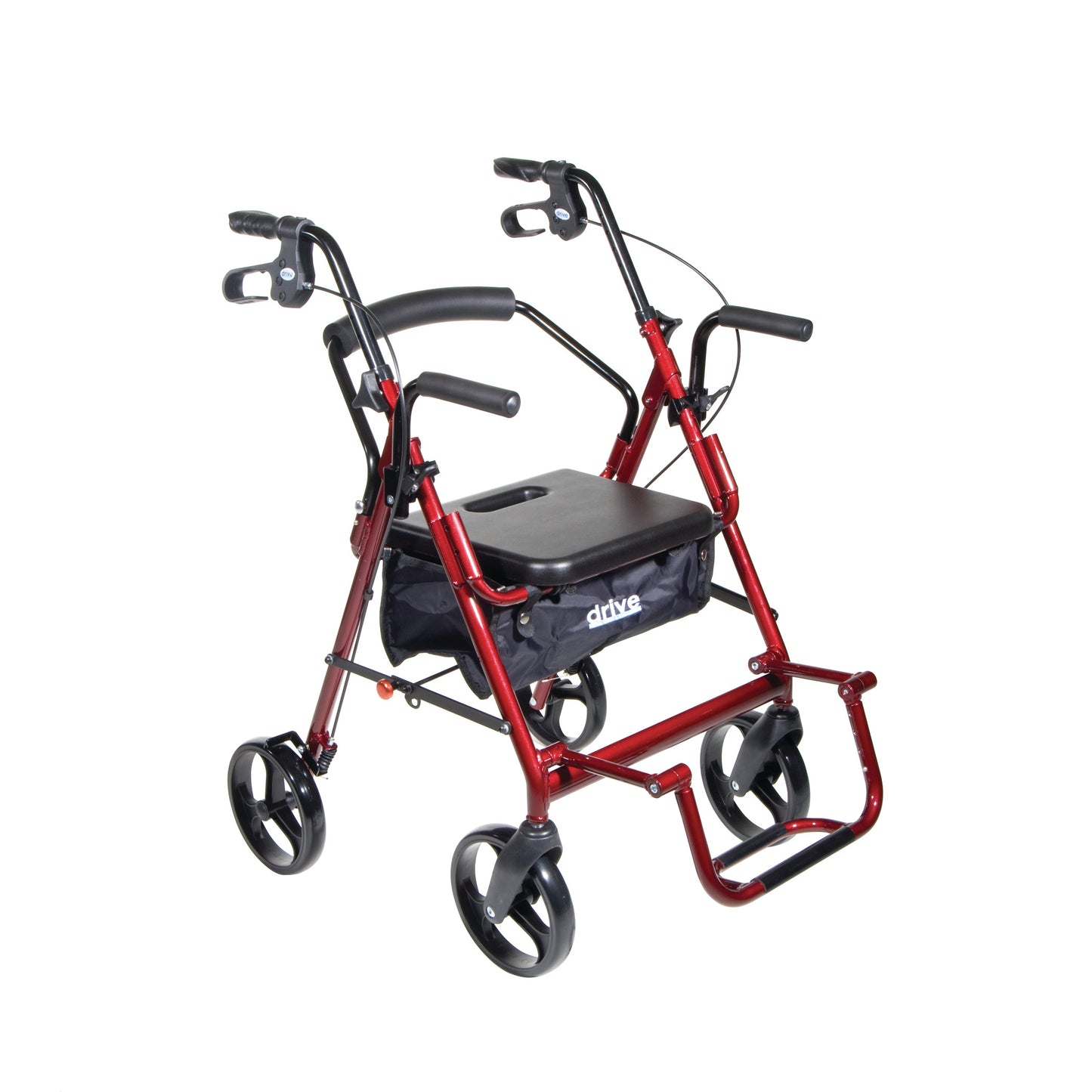 Drive Medical The Duet Transport Chair and Rollator in red, featuring four wheels, handlebars, a seat, and a storage pouch underneath.