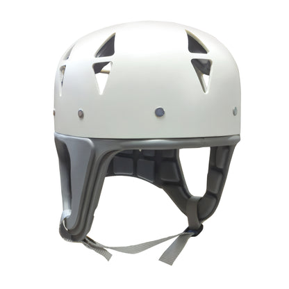 The Danmar Products Hard Comfy Cap is a white protective helmet with ventilation holes and a grey chin strap.