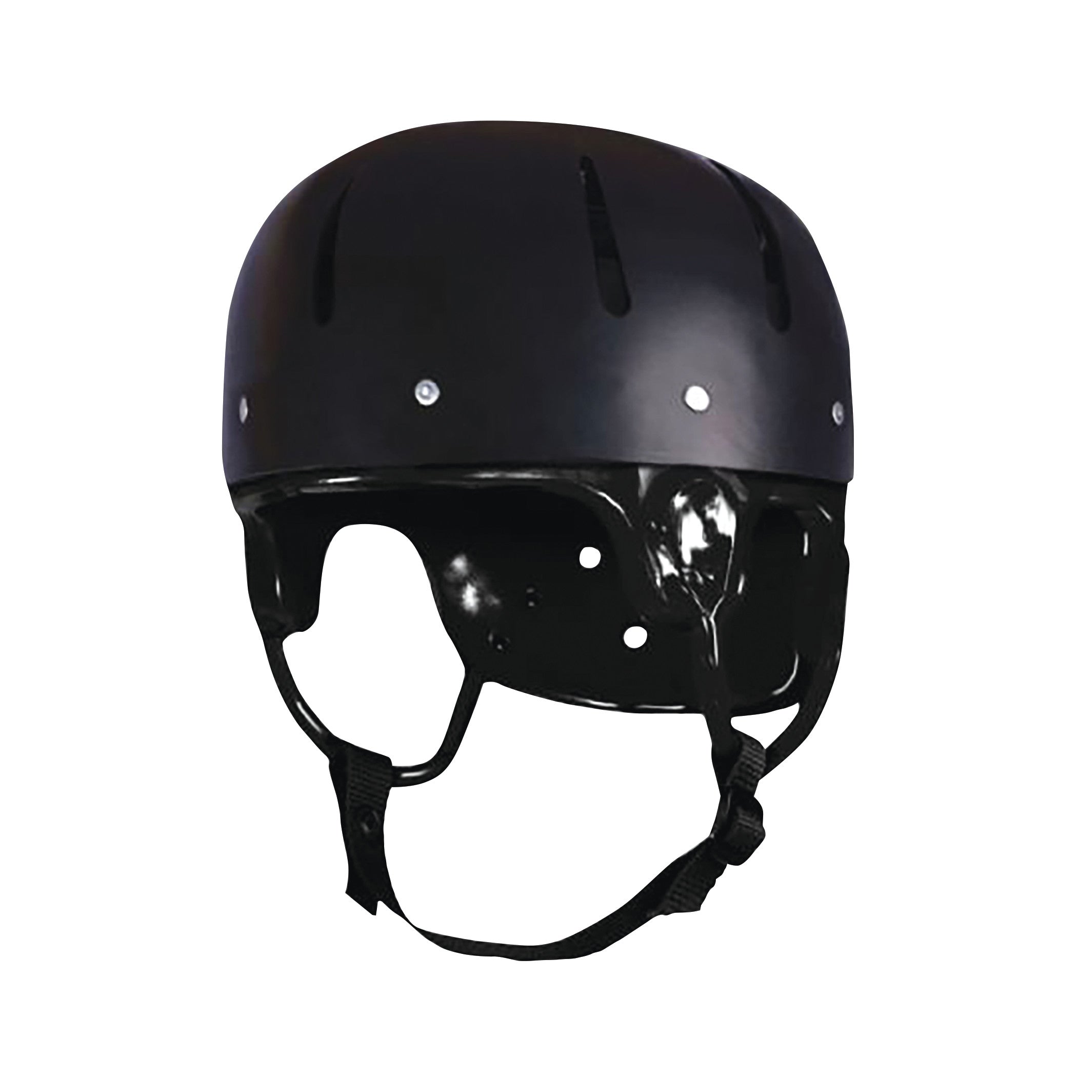 The Danmar Products Hard Shell Helmet is black with ventilation slits, side cutouts for the ears, and an adjustable chin strap.