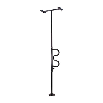 The Security Pole and Curve Grab Bar is a black floor-to-ceiling pole with a curved grab bar for support, used for stability and assistance.