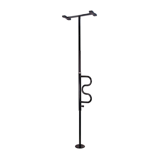 The Security Pole and Curve Grab Bar is a black floor-to-ceiling pole with a curved grab bar for support, used for stability and assistance.