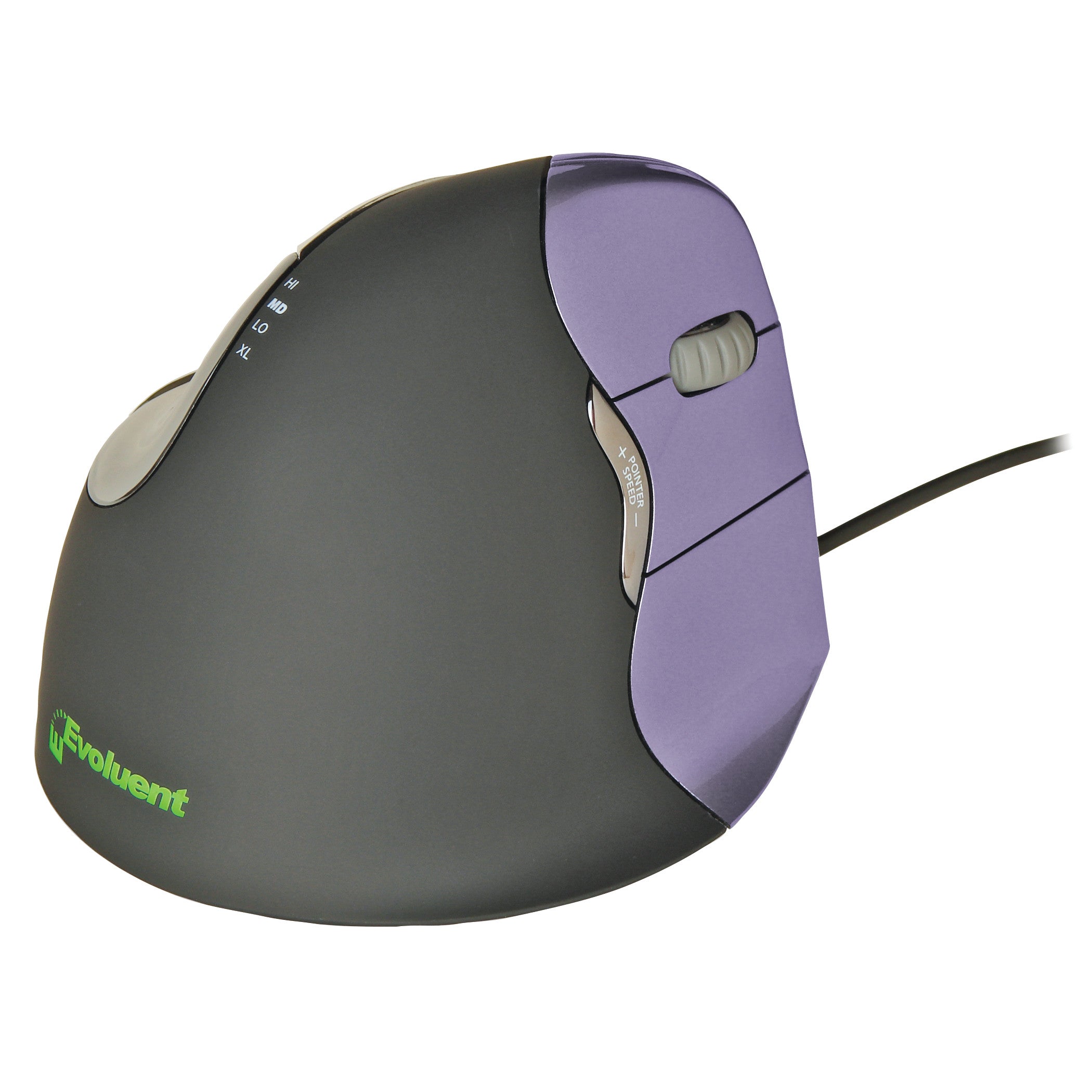 Evoluent VerticalMouse 4 Ergonomic Mouse with a purple and black design, featuring multiple buttons and a wired connection.