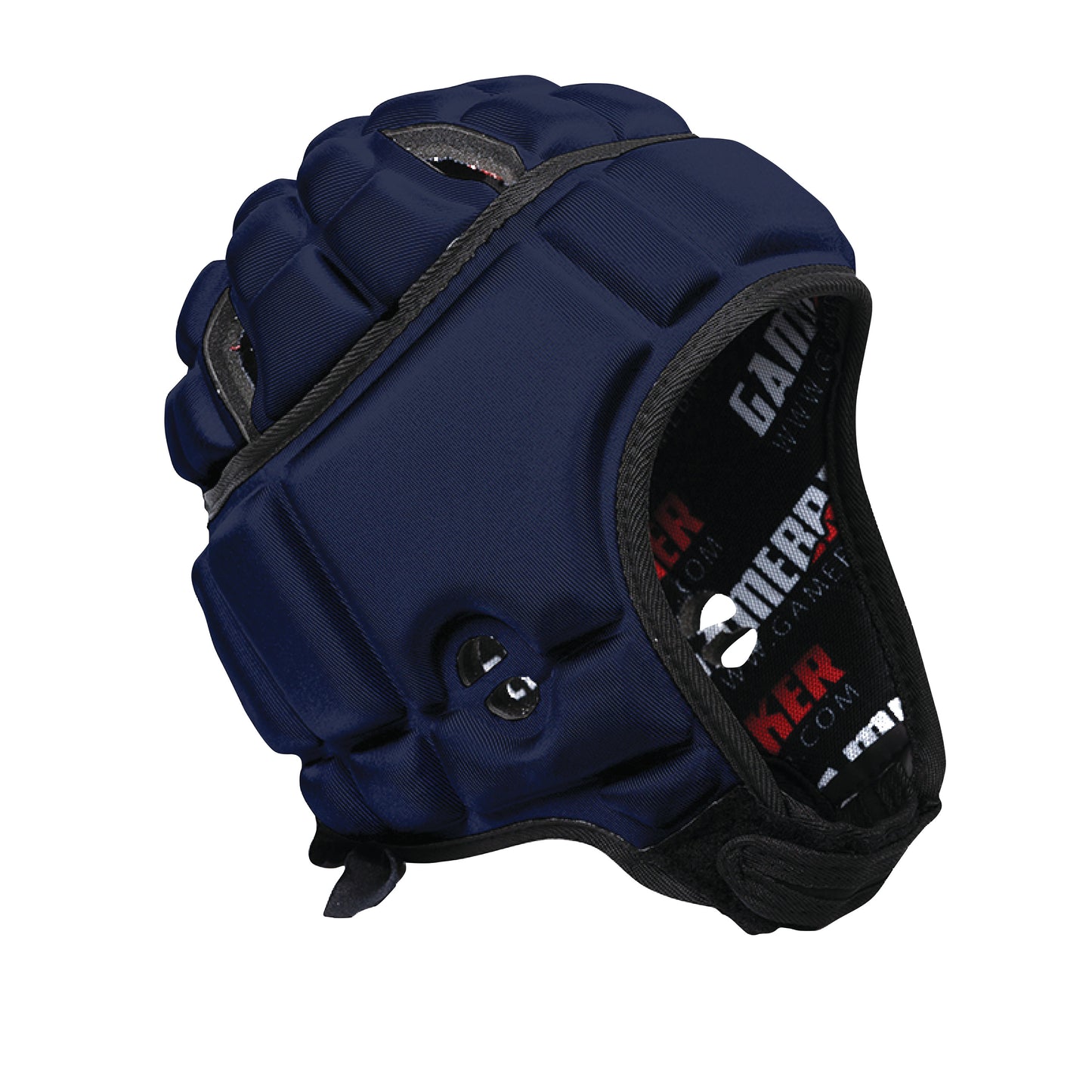 The Gamebreaker Scrum Cap Headgear is a navy padded helmet with adjustable straps and breathable panels for sports or safety use.