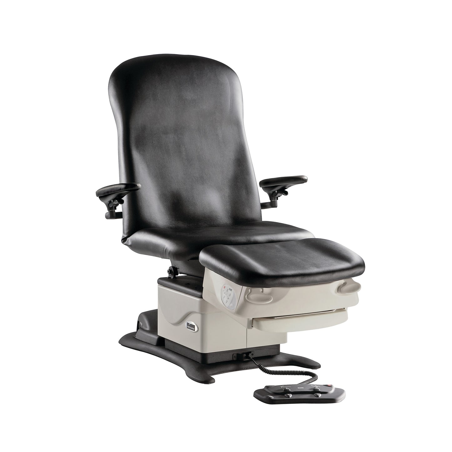 Midmark Basic Podiatry Procedure Chair, Model 646, features black upholstery, armrests, and a foot control pedal on the floor.