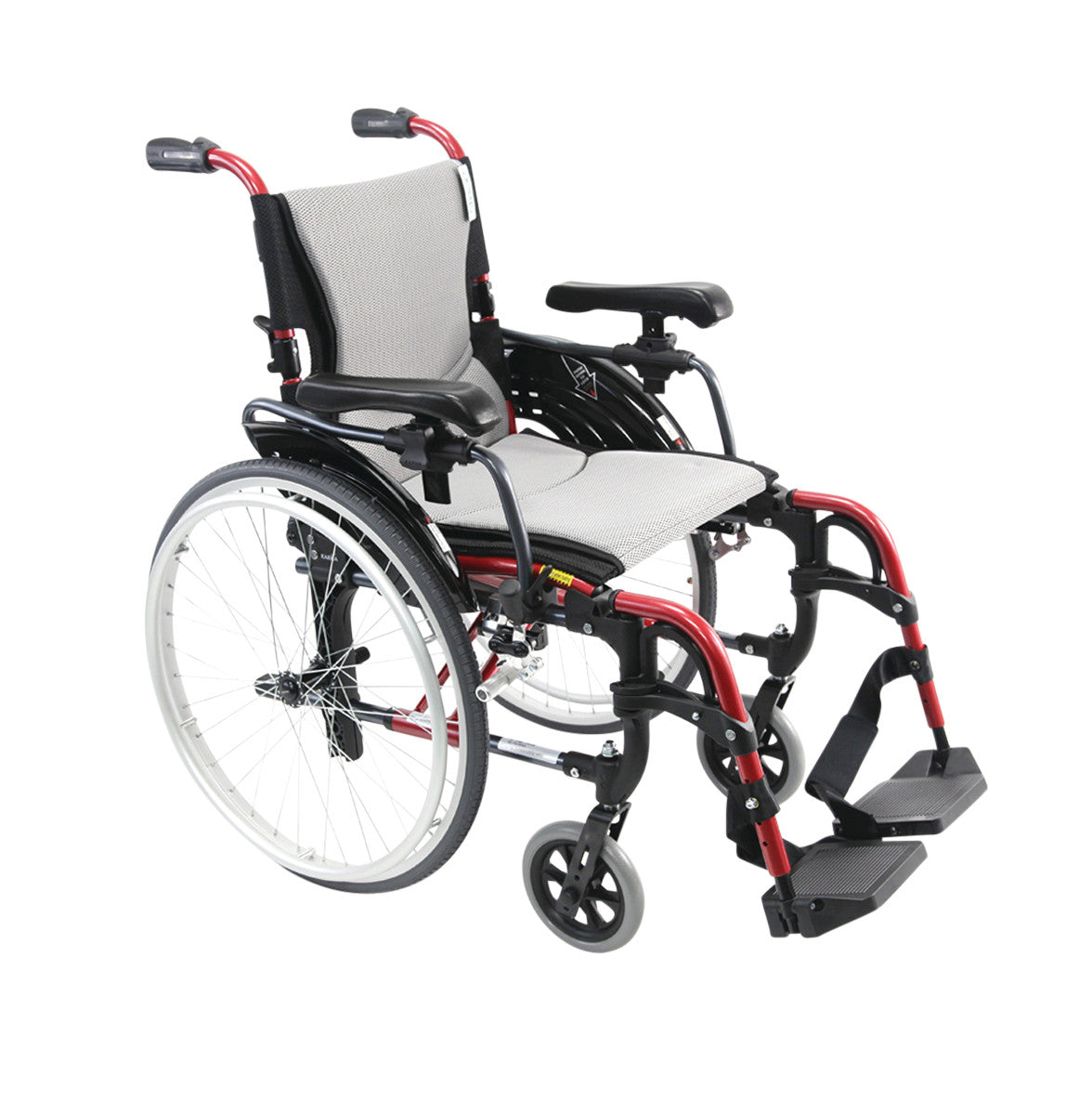 Karman Ultra Lightweight Manual Wheelchair with a red frame, grey seat, footrests, and large rear wheels.