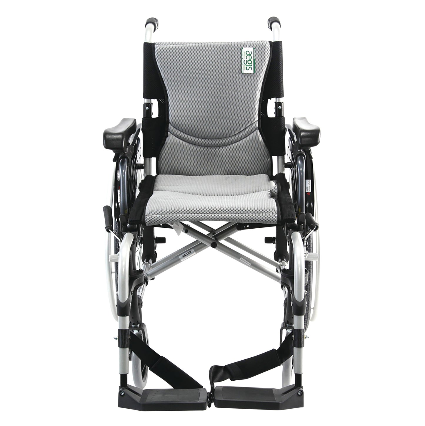 The Karman Ultra Lightweight Manual Wheelchair features a gray seat, black armrests, and footrests, designed for ease of mobility.