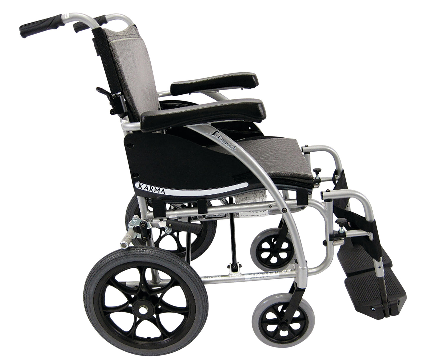 The Karman S-ERGO 115 Transport Wheelchair features a lightweight frame, ergonomic seat, and adjustable footrests for comfort.