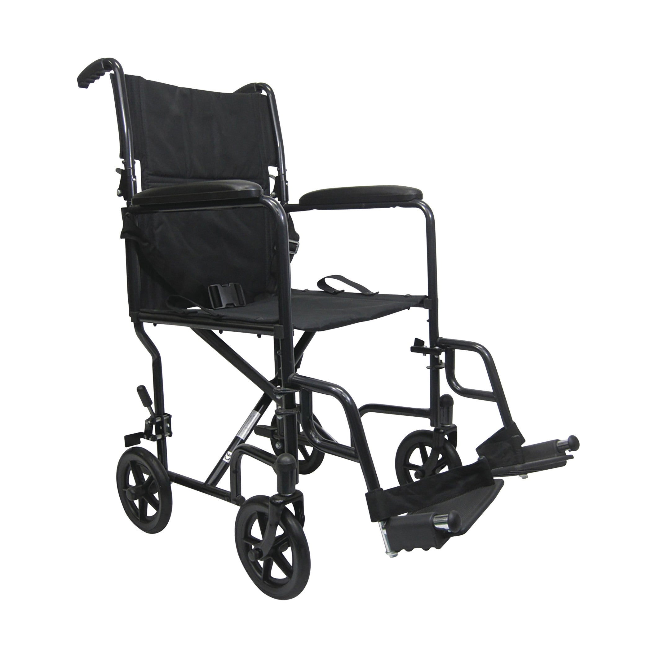The image shows a Karman T-2000 Series Lightweight Transport Chair with a black frame, armrests, and footrests on small wheels.
