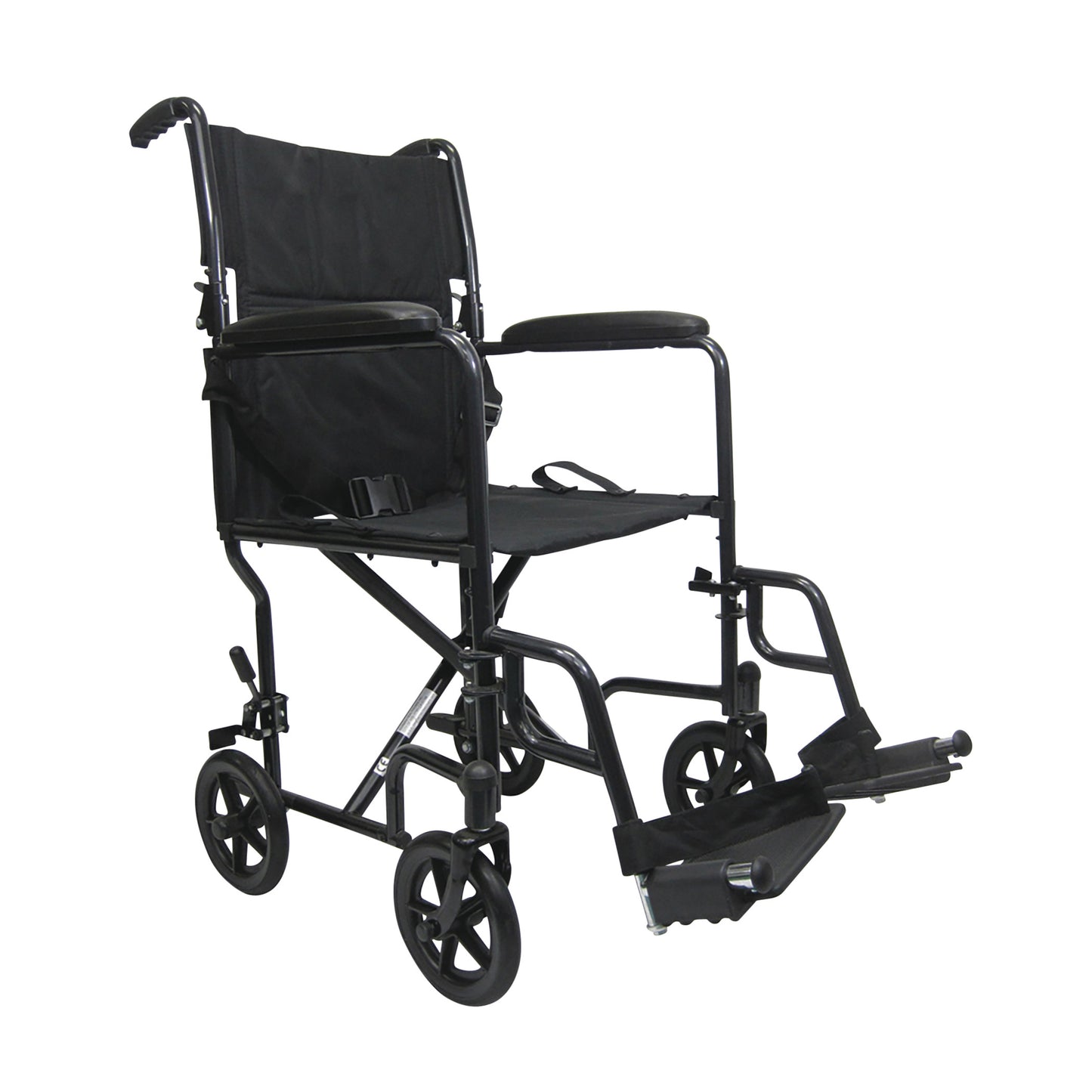 The image shows a Karman T-2000 Series Lightweight Transport Chair with a black frame, armrests, and footrests on small wheels.