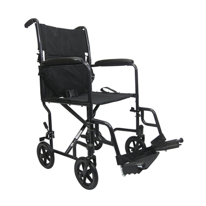 The image shows a Karman T-2000 Series Lightweight Transport Chair with a black frame, armrests, and footrests on small wheels.