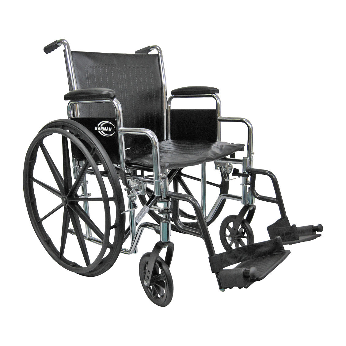 A Karman Bariatric Wheelchair with black seat, chrome frame, large rear wheels, and footrests, designed for enhanced support.