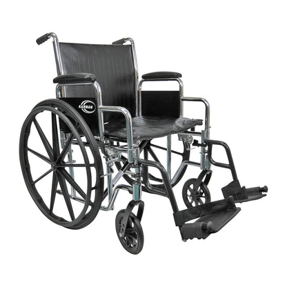 A Karman Bariatric Wheelchair with black seat, chrome frame, large rear wheels, and footrests, designed for enhanced support.