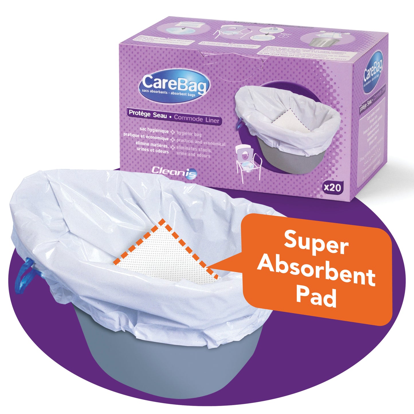 CareBag Commode Liner packaging featuring a hygienic liner with a super absorbent pad overlay on a bucket, highlighting odor elimination.