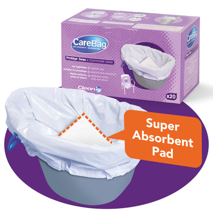 CareBag Commode Liner packaging with a liner displayed, highlighting a "Super Absorbent Pad" feature, in a purple box with 20 liners.