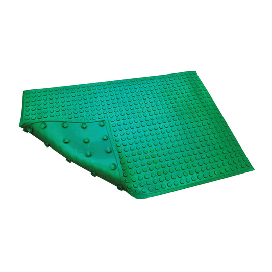 The ERGOMAT Super-Safe Mat is a green mat with a raised dot texture and a corner partially flipped over, revealing its underside.