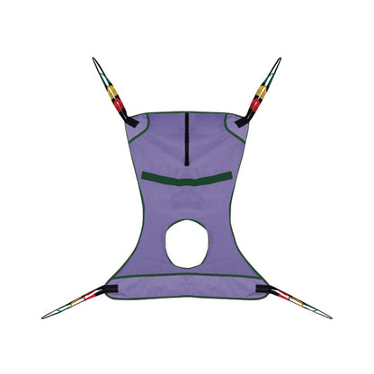 Bestcare BestSling Disposable Full Body Patient Sling with Commode Opening, featuring a purple fabric and four adjustable straps.