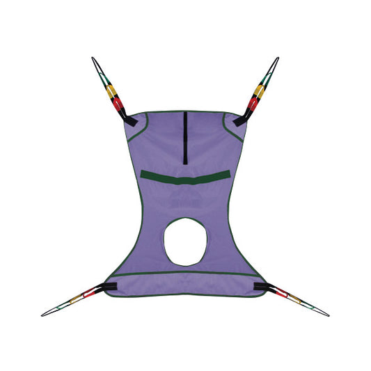 Bestcare BestSling Disposable Full Body Patient Sling with Commode Opening, featuring a purple fabric and four adjustable straps.