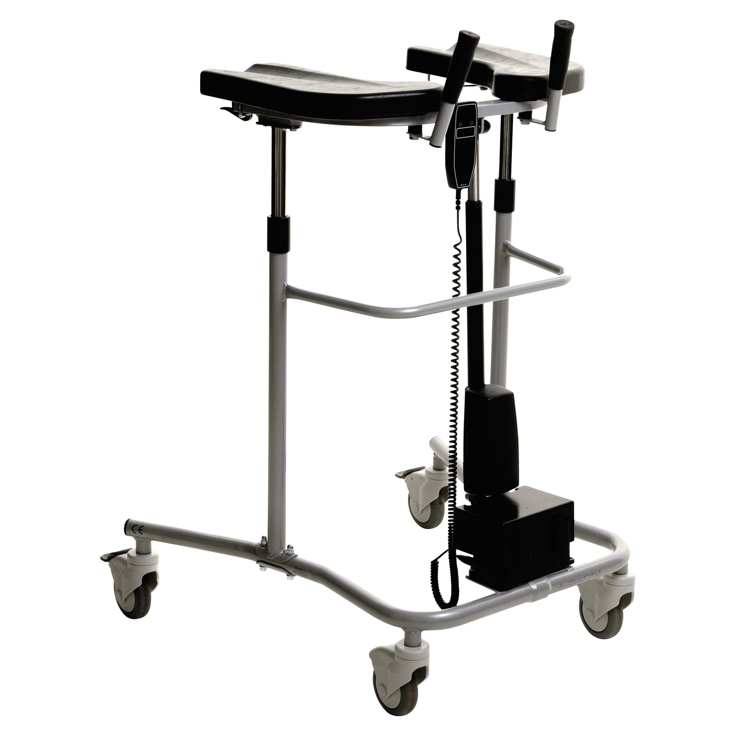 EVA Electric Cardiac Walker with adjustable armrests, a control unit, and four wheels, designed for patients needing support during mobility.