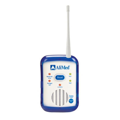 AliMed IQ CordLess Sensor Alarm with a blue case, antenna, round buttons, labeled indicators, and a speaker grille on front.