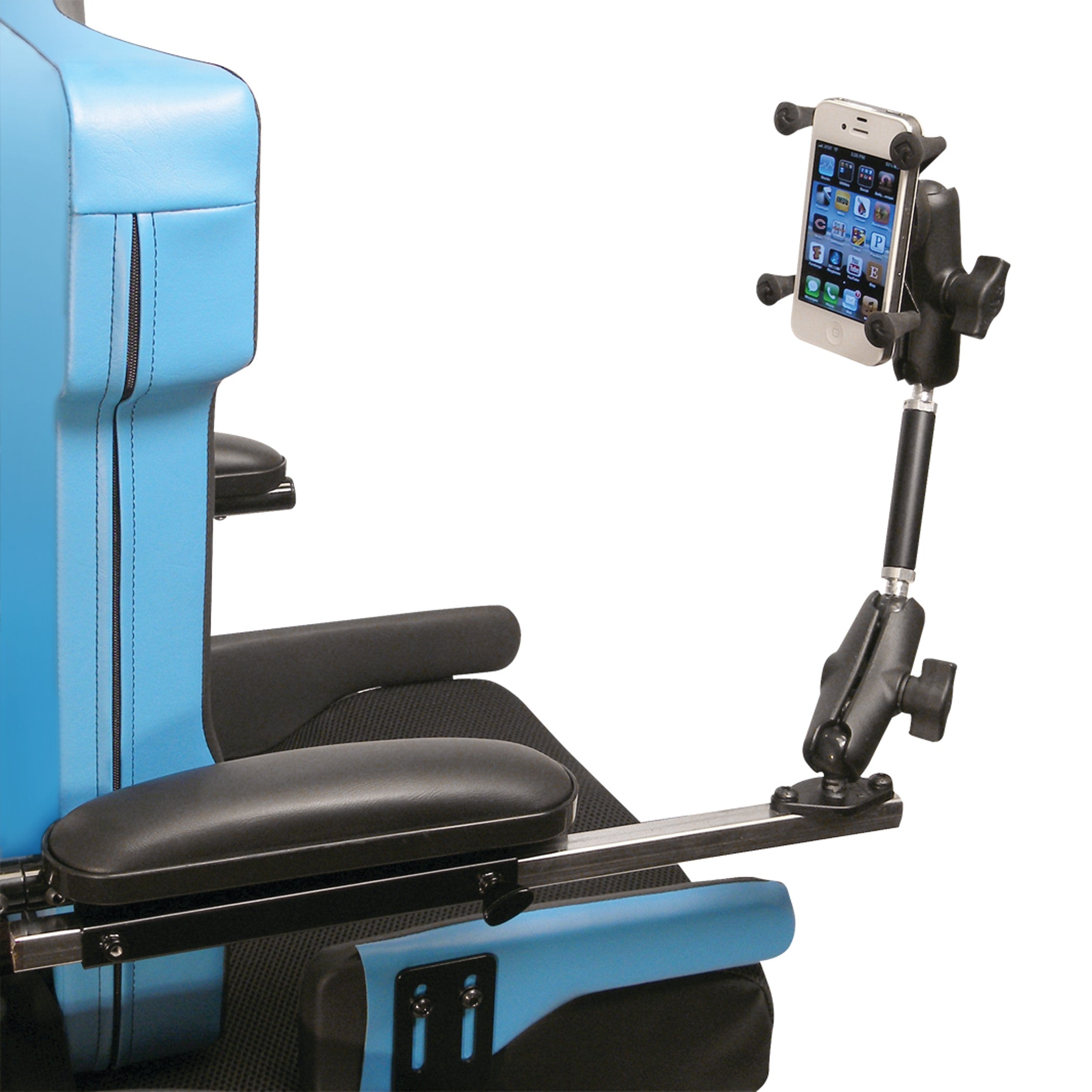 A smartphone is secured to a Therafin Wheelchair Device Mount Bracket attached to a blue and black wheelchair armrest.