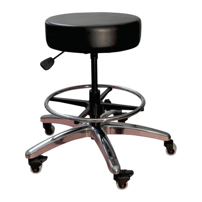 The Brandt Industries Heavy-Duty Exam Stool features a black round seat, adjustable height, chrome legs, and five caster wheels.